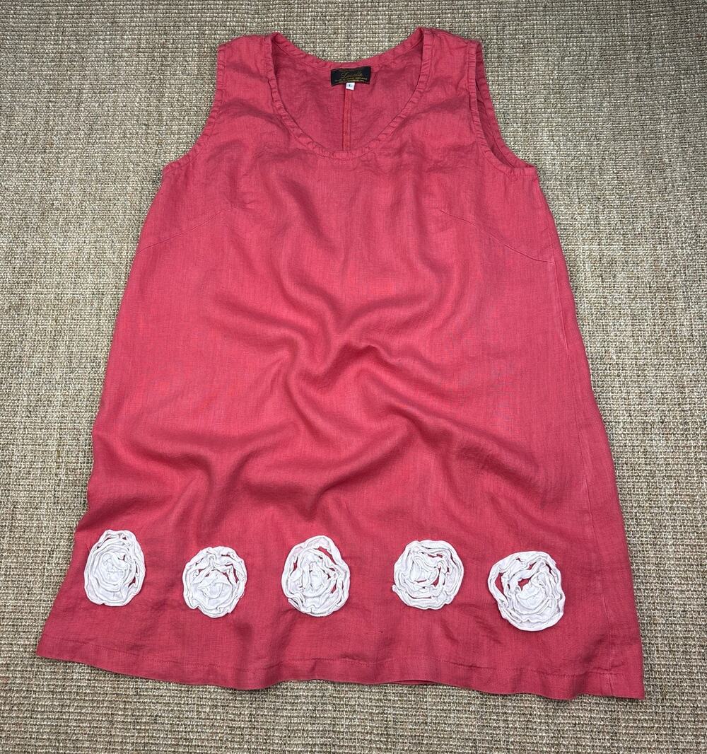🌹 Luiselle Italian Linen Rosette Shift Dress | L | Made in Italy